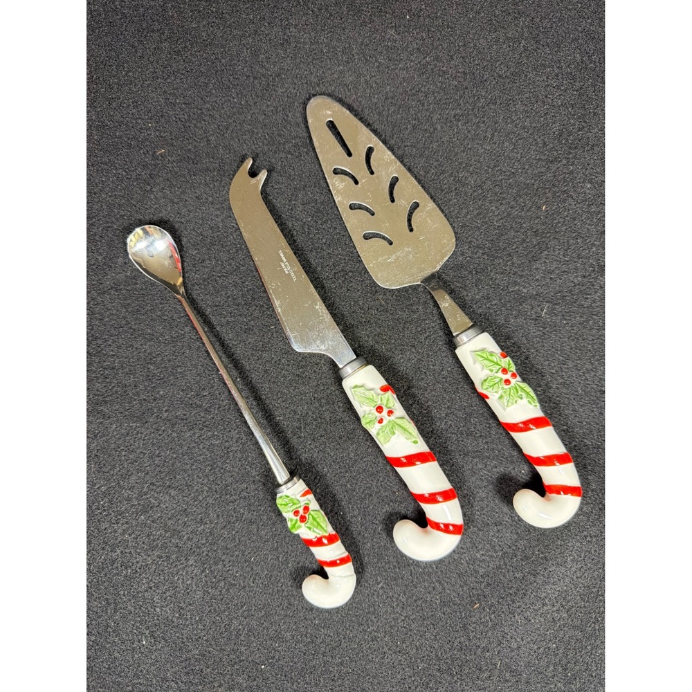 Vintage Christmas Candy Cane Serving Set Stainless Steel Japan‎ Holly Berry 3pc